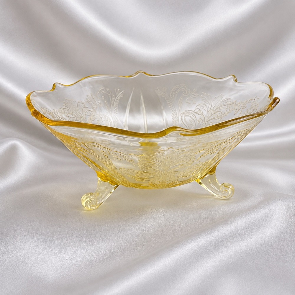Lancaster Landrum Topaz Yellow Etched Glass 3 Footed Bowl Scalloped 8.5" Vintage